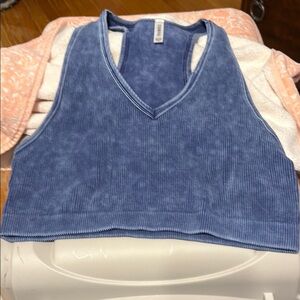 Zenana Blue V-Neck Ribbed Women's Top